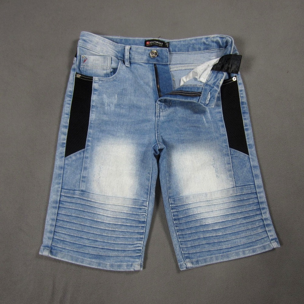 Southpole Boys 12 Shorts Blue Denim Moto Biker Ribbed Jean Y2K Hip Hop